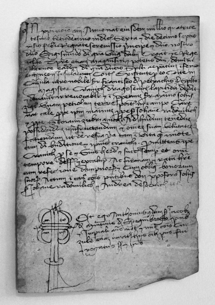 abb. 3: pergamentvertrag
aus dem Jahre 1327: Ver-
einbarung über die pacht
von Grundstücken in der
Gegend von Blato zwi-
schen Kapsa milošević und
Budiša Senjančić; © Privat-
archiv der ASC Korčula-Lastovo