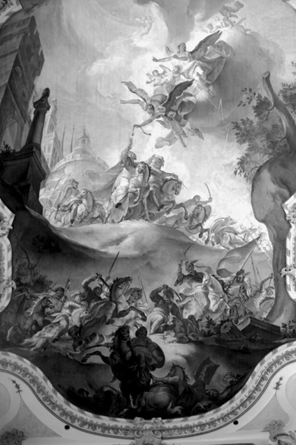 Pfarrkirche St. Ulrich, Eresing, Deckenfresko (Ausschnitt),
bez. »Martin Kuen, Weissenhorn, pinxit año. 1757«